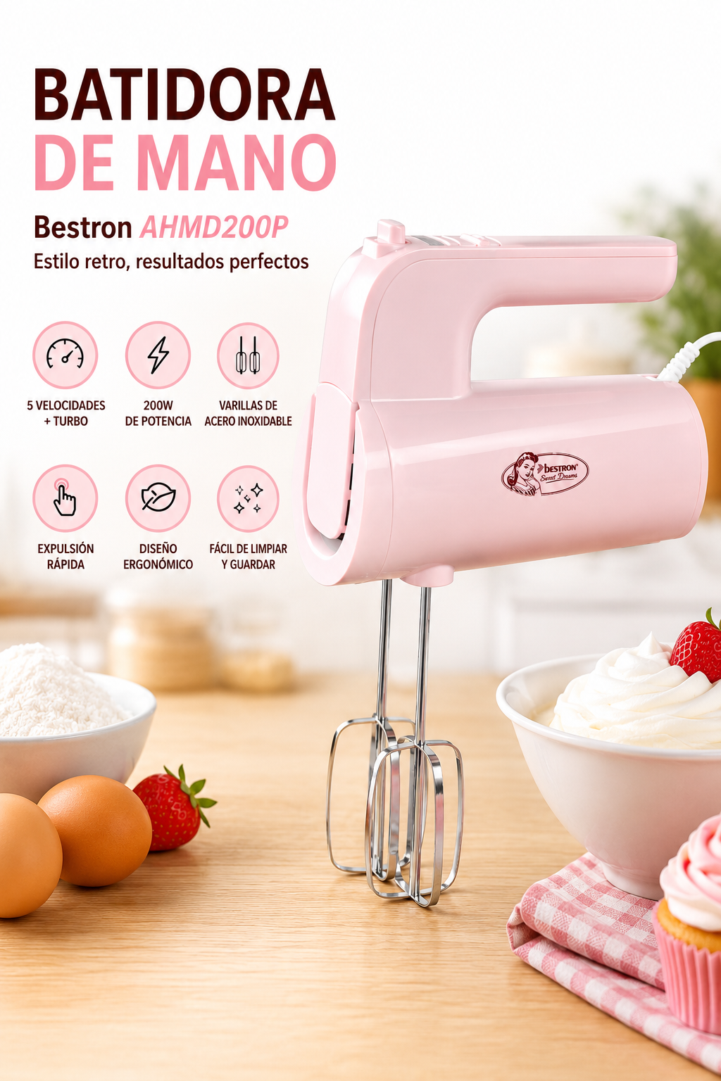 🩷 Batidora de Mano Retro Bestron AHMD200P | Potencia y Estilo para tu Cocina