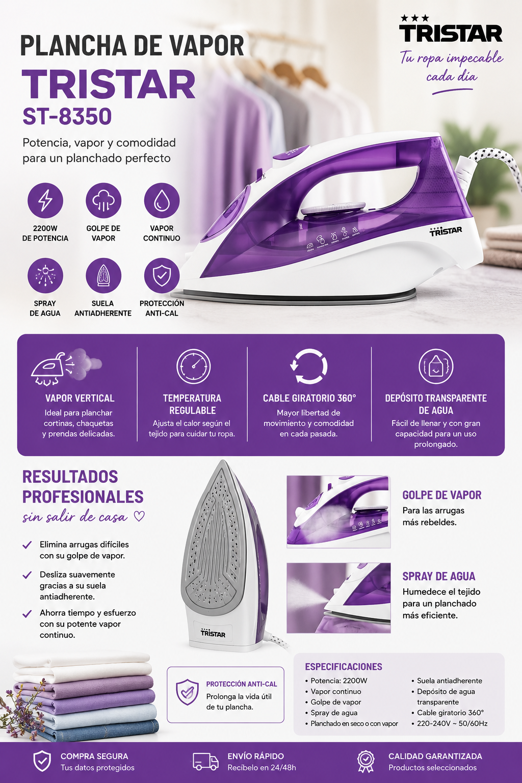 👕 Plancha de Vapor Tristar ST-8350 | Potencia y Precisión para un Planchado Impecable