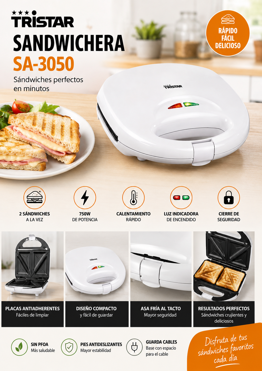 Sandwichera Grill Compacta Antiadherente 750W | Viteliq™